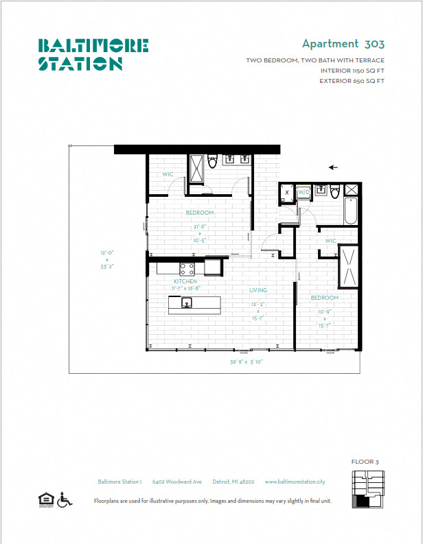 Floor plan for 2 beds, 2 baths, 1150 sqft